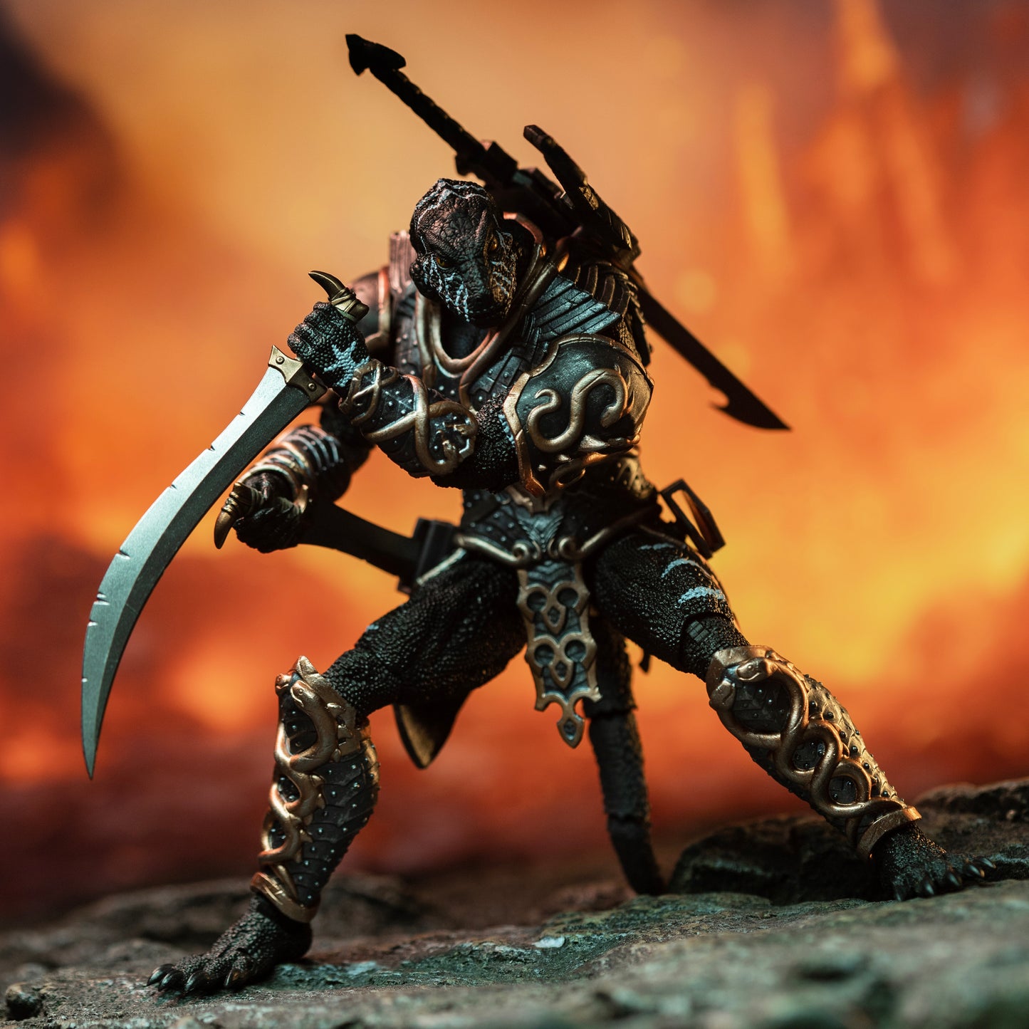 Fully armored black Lemurian beside lava flow crouching and slashing with swords drawn from hip sheaths with two additional swords sheathed on back.