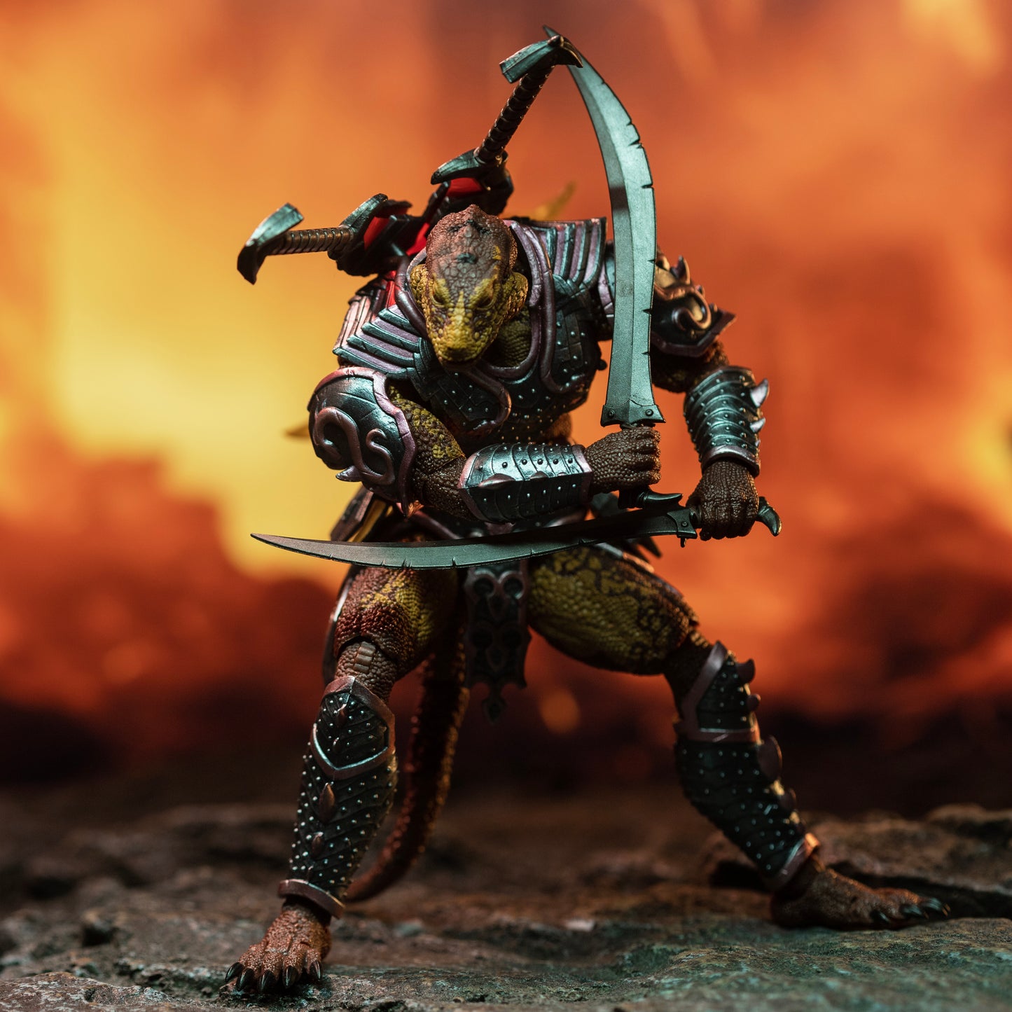 Fully armored brown and yellow Lemurian beside lava flow crouching and slashing with swords drawn from hip sheaths with two additional swords sheathed on back.