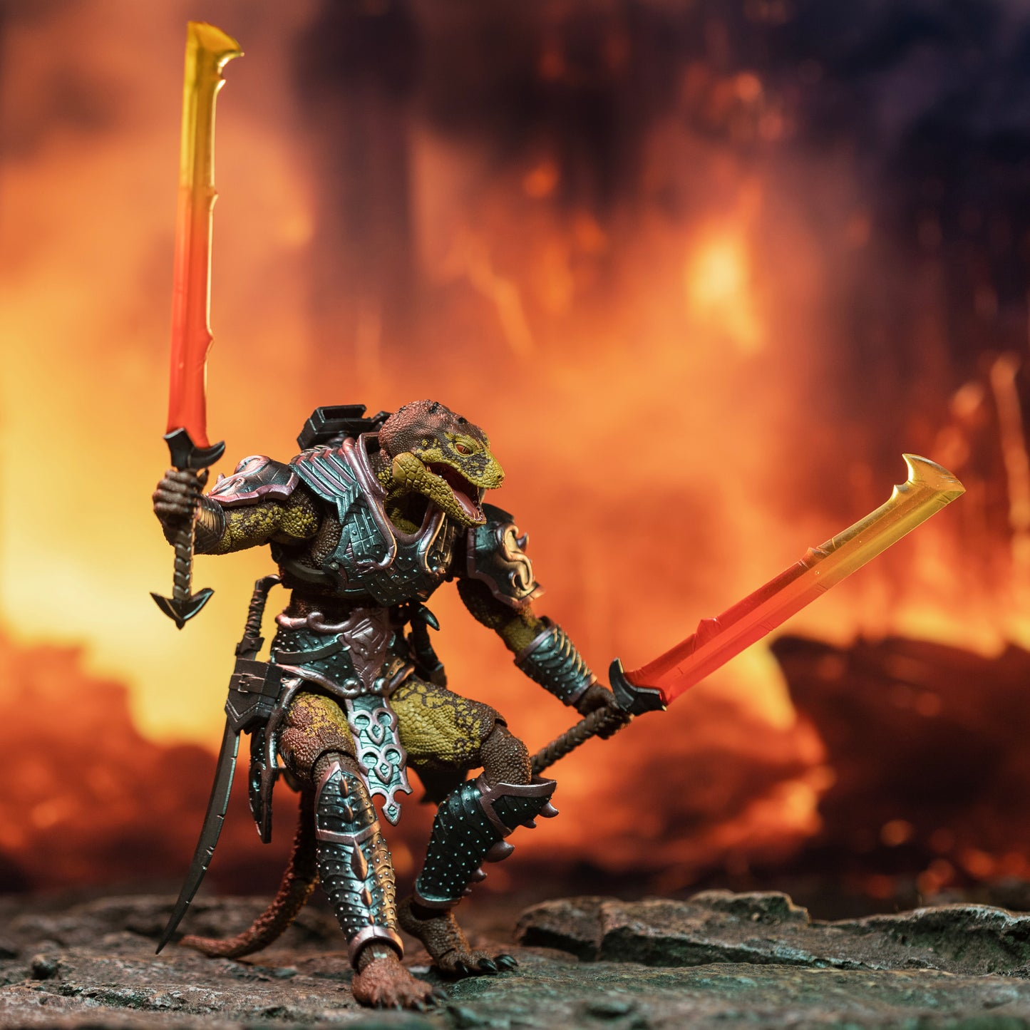Fully armored brown and yellow Lemurian in low stance stalking forward with large translucent-bladed swords held low in front and high and behind him.