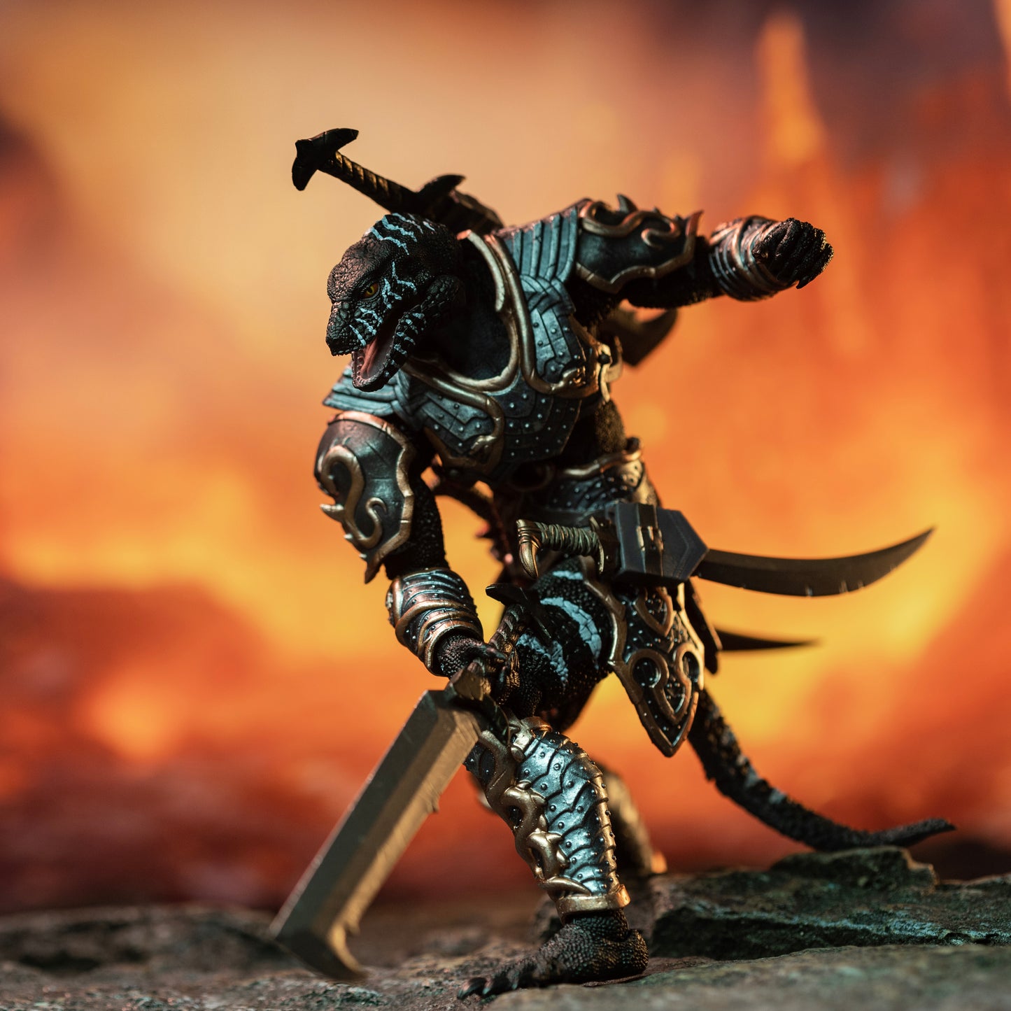 Fully armored black Lemurian slashing down across body with right arm while stalking forward along bank of lava flow.