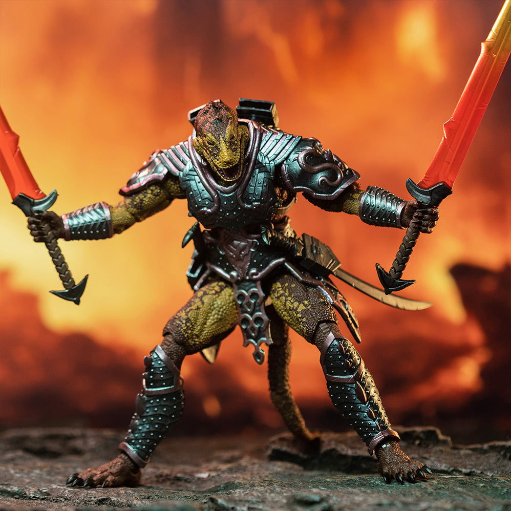 Fully armored brown and yellow Lemurian in wide footed stance holding two translucent-bladed swords wide and to his sides.