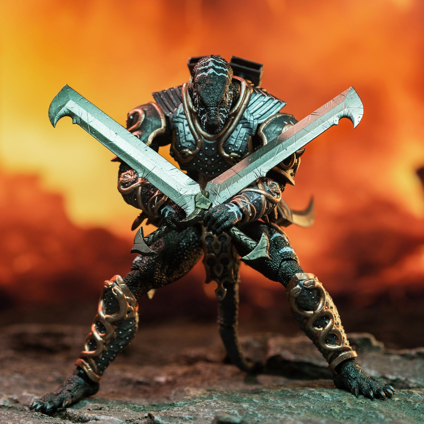 Fully armored black Lemurian brandishing two swords crossed in front of chest.