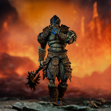 Fully armored brown Lemurian with blue striping casually striding forward with battle axe held low in right hand while left hand thoughtfully holds chin.