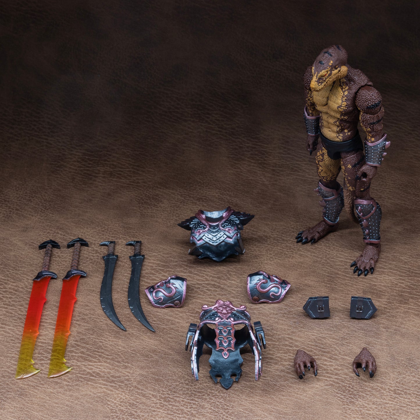 Load out image. Brown and yellow Lemurian standing at attention beside all included accessories: Chest armor, shoulder armor, waist and hip armor, gripping and gesturing hands, two sabers, two long swords, and four weapon sheath belt attachments.