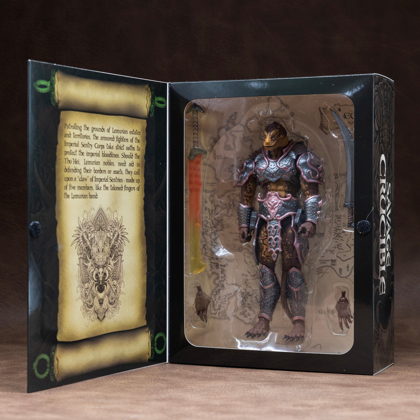 Fully armored brown and yellow Lemurian shown in window box packaging.