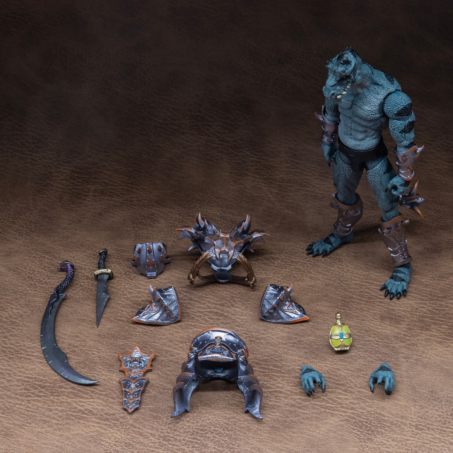 Load out image. Green Saurian with black striping standing at attention beside all included accessories: Chest armor, shoulder armor, waist and hip armor, gripping and gesturing hands, scimitar, dagger, and potion bottle belt accessory.