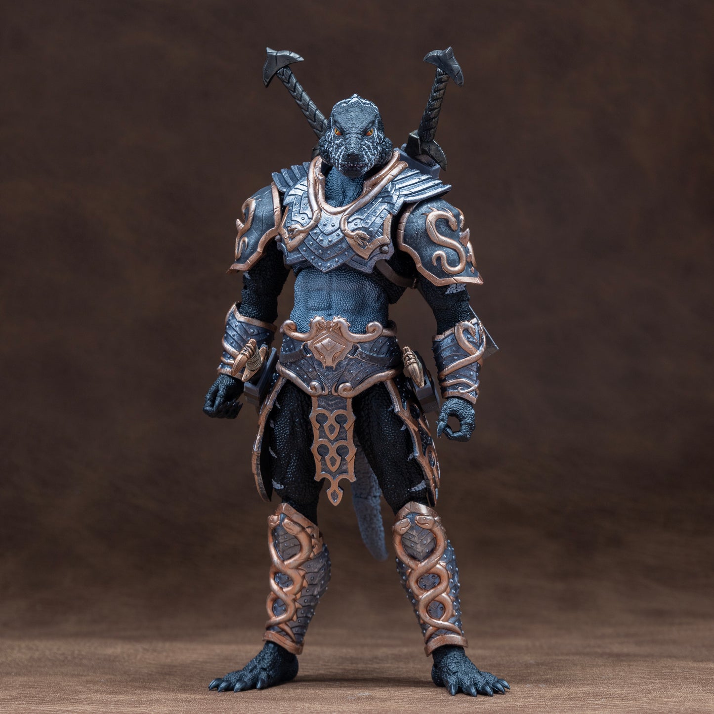 Fully armored black Lemurian standing in a neutral pose with two swords sheathed at hips and two additional swords sheathed on back.