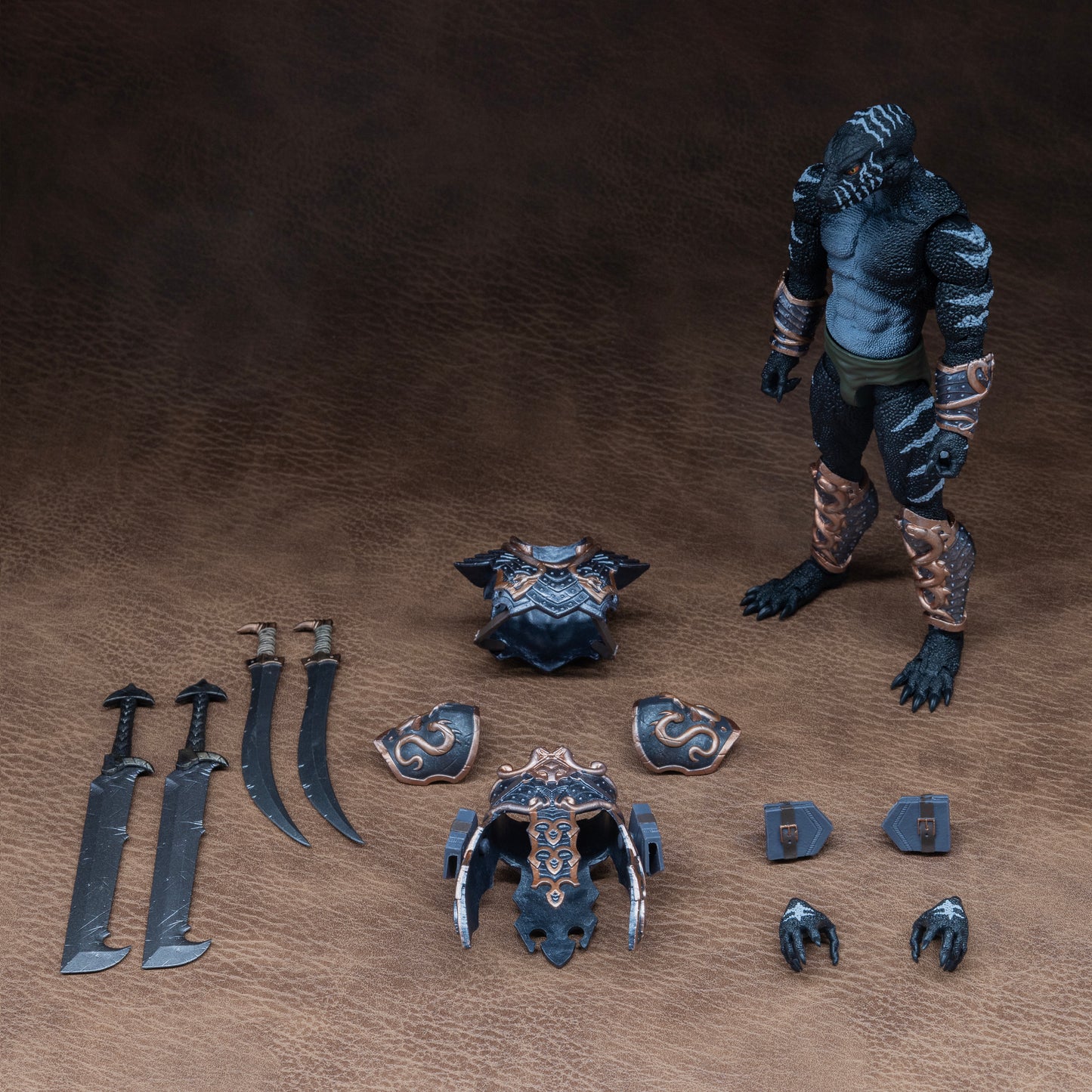 Load out image. Black Lemurian with white striping standing at attention beside all included accessories: Chest armor, shoulder armor, waist and hip armor, gripping and gesturing hands, two sabers, two long swords, and four weapon sheath belt attachments.