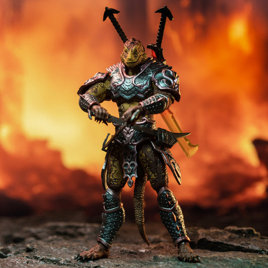 The image depicts a warrior with a reptilian appearance and a humanoid body covered in reptilian scales, a lizard-like head, and is clad in ornate, battle-worn armor. The armor is detailed with metallic silver tones, adorned with intricate designs. The warrior wields a sharp sword in its hands and two large swords strapped to its back. The character stands on rocky terrain, exuding a fierce and battle-ready stance. The background features a fiery scene with intense orange and yellow hues.