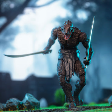 Purple Lemurian in loin cloth stalking forward with a saber held to side and behind him in his right hand and a saber held forward and at the ready in his left hand.