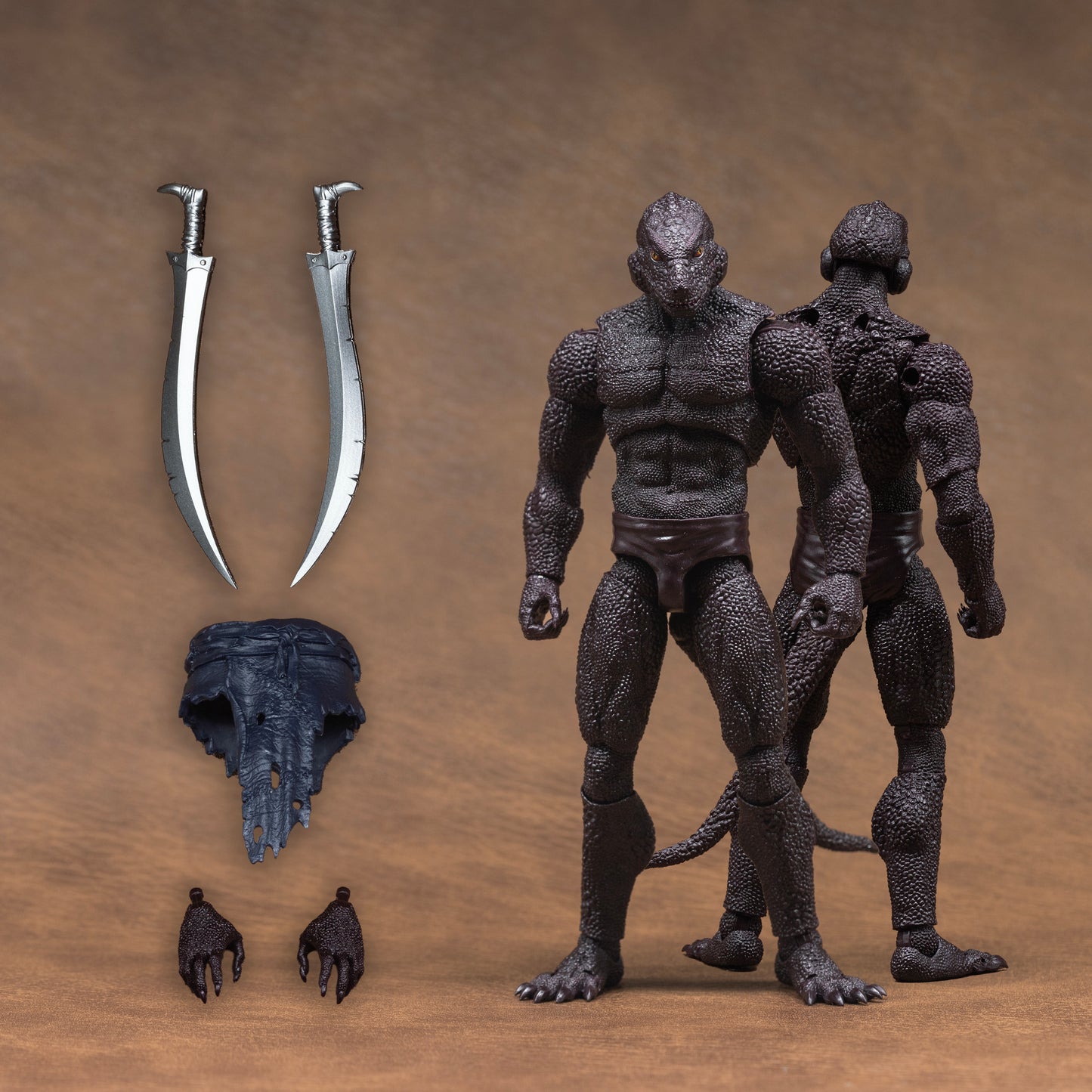Load out image. Purple Lemurian standing at attention beside all included accessories: loin cloth, alternate gripping and gesturing hands, and dual unpainted sabers.