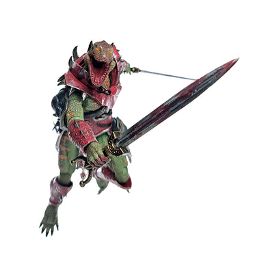 Fully armored green Lemurian lunging forward with a forward slashing sword in his right hand and a sword held to the side and behind in his left hand. 