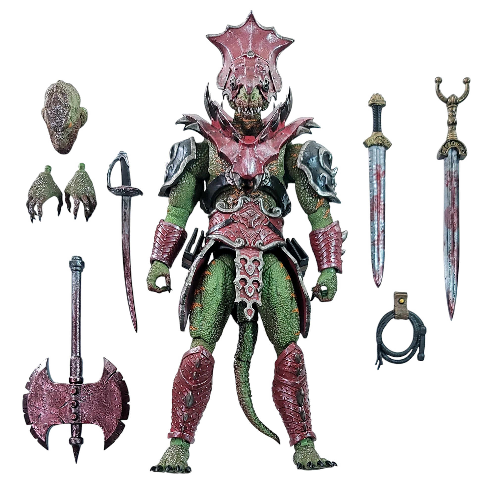 Load out image. Fully armored green Lemurian with helmet standing at ease beside all included accessories: alternate unhelmeted head, alternate gripping and gesturing hands, double-bitted axe, cutlas, two swords with ornate hilts, and a coiled whip belt accessory.
